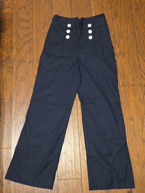 Petite Navy Wide-Leg Sailor Pants | Front Button Detail
